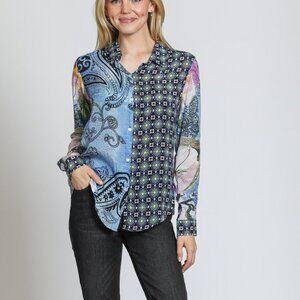 NWT APNY Blue Mixed Print Button-Up Blouse